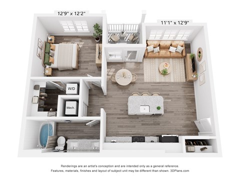 Floor plan for 1 bed, 1 bath, 762 sqft